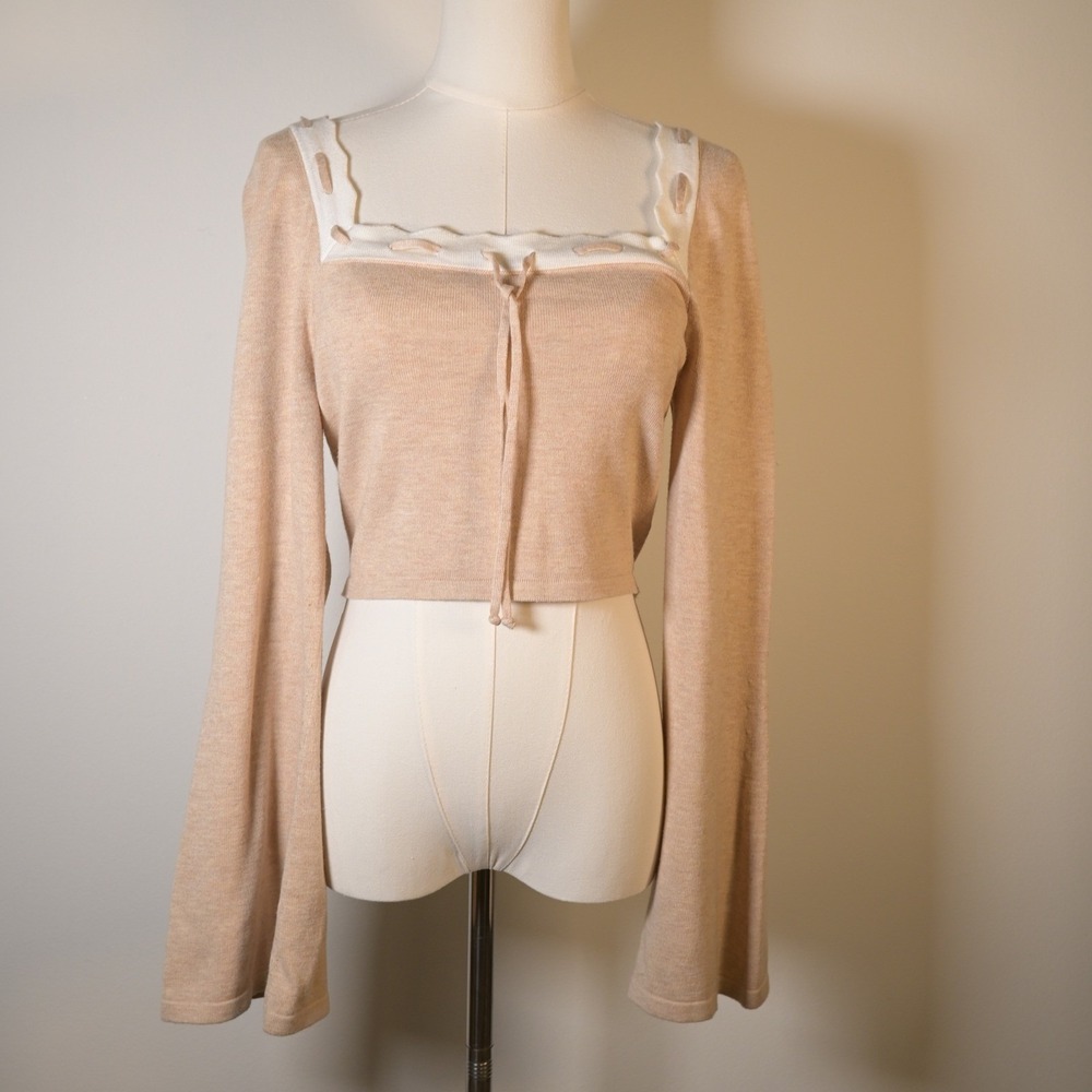Dee Elly Tan Knit L Square Neck Crop Top Bell Sleeves Scalloped Trim Coquette